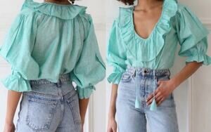 Mille Resort & Travel | May Top Green White Stripe Linen Ruffle Blouse | Sz XXS
